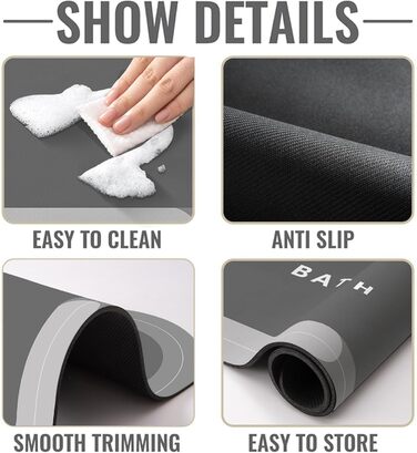 Килимок для ванної кімнати, гумовий, швидковисихаючий, неслизький, 40 x 60 см (Світло-сірий)