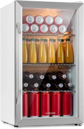 Klarstein Mini Fridge with Glass Door - 80L Compact Beverage Cooler with Adjustable Shelves & Wave Pattern Racks - Quiet Operation (Silver-White)
