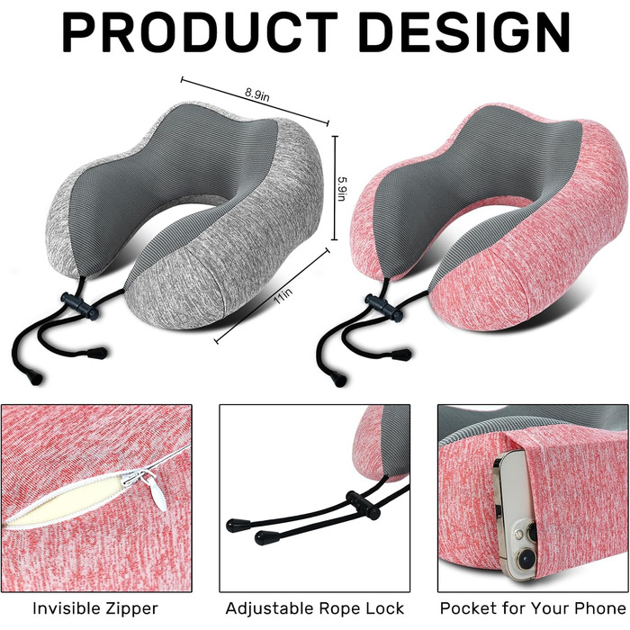 Подушка для шиї у літак - 2 шт. з піною з пам'яті, м'яка та підтримуюча, подушка для подорожей, сну, авто, поїзда та дому (Блакитний та Сірий) (Рожевий та Сірий)