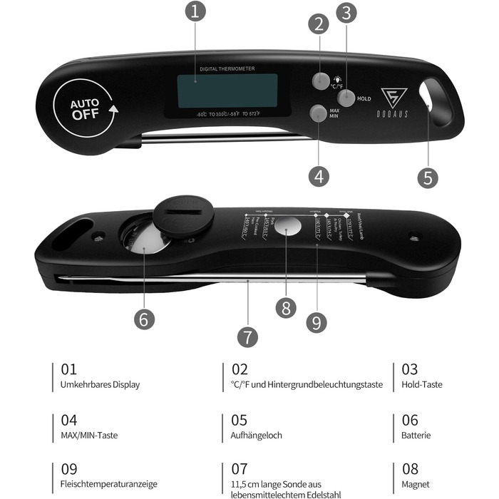 Цифровий термометр для м'яса DOQAUS: гриль, приготування їжі, кухня. Швидке зчитування, довга сонда, LCD-дисплей.