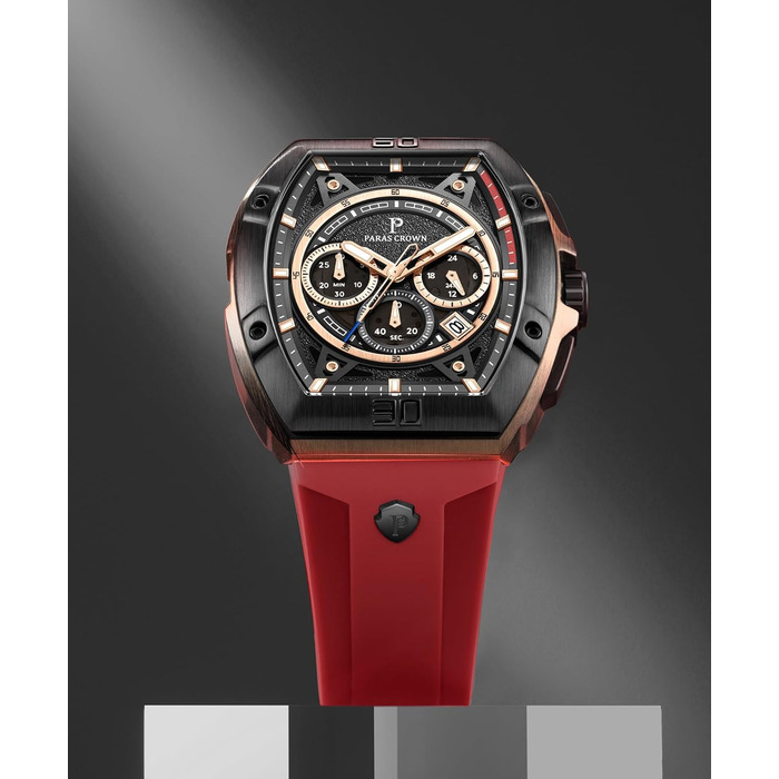 Чоловічий годинник-хронограф на кварцовому механізмі з японським годинниковим механізмом, 5ATM, корпус з нержавіючої сталі, тонка форма корпусу (Tonneau), силіконовий ремінець (рожево-червоний)