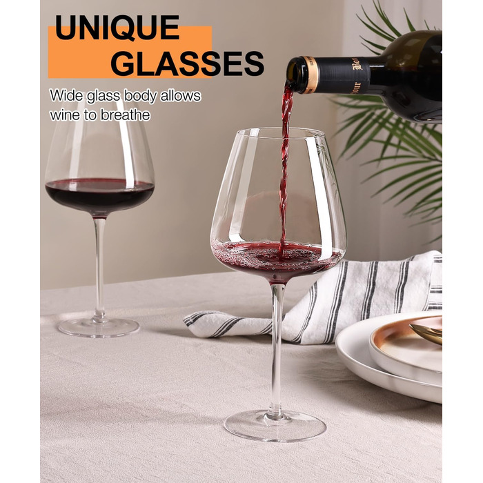Набір келихів для червоного вина OJA, 4 шт., великі бургундські келихи, 652 мл, виготовлені з ручного видутого кришталевого скла, прозорі, ідеальні для дегустацій вина, дня народження, Різдва, ювілею