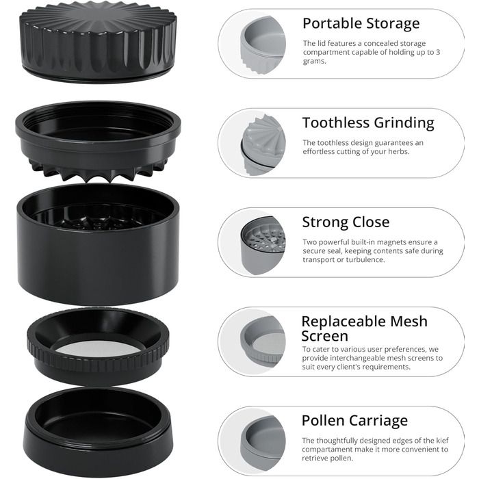 Toothless Herb Grinder Ø 63 mm | Nano-ceramic coated for effortless grinding | 5-piece with built-in storage container in the lid (Black)