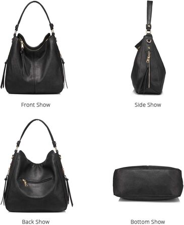 Жіноча сумка-шопер Reaer середнього розміру, чорна PU шкіра, сумка через плече, вінтажна Hobo Bag для роботи, офісу та покупок (L, Чорний)