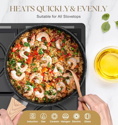 Сковорода з антипригарним покриттям Michelangelo з кришкою 28 см, глибока сковорода з кришкою, сковорода для тушкування 28 см, індукційна сковорода з антипригарним покриттям та м'якою бакелітовою ручкою, підходить для індукційних плит, чорна, глибока сков