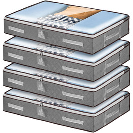 4 шт. Кошики для зберігання під ліжком з кришкою, великі складні коробки для зберігання з блискавкою, органайзери для одягу, постільної білизни та ковдр, посилені ручки (сірий)