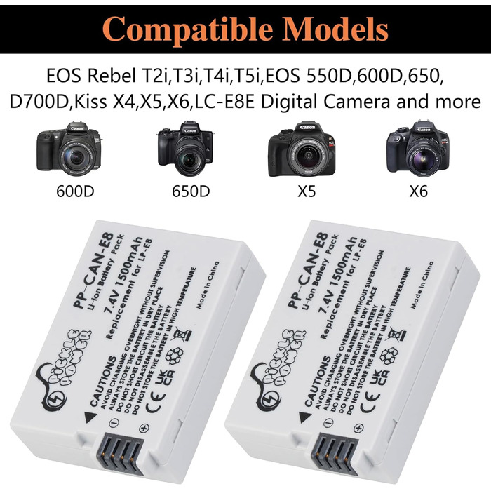 Запасний акумулятор LP-E8 (2 шт.) та швидкий зарядний пристрій Dual для Canon Rebel T2i/T3i/T4i/T5i, EOS 700D/550D/600D/650D, Kiss X5/X4/X6i/X7i