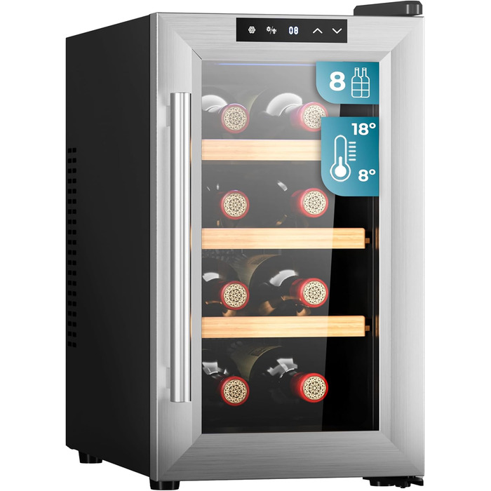 Cecotec 8-Bottle Wine Rack Bolero GrandSommelier 830 CoolWood, Thermoelectric, Quiet and High Performance, Adjustable Temperature: 8-18ºC, Touch Control Panel, Displays, Eco-friendly.
