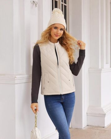 Жіноча жилетка Fuinloth, осіння легка стьобана жилетка, безрукавна куртка, короткий жилет, гільє (L, бежевий)