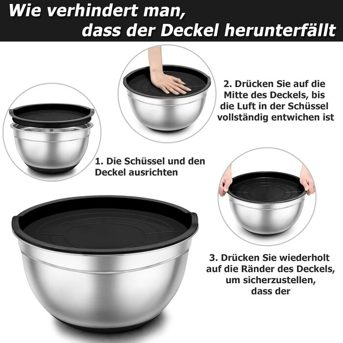 TEAMFAR Mixing Bowl Set of 7, Stainless Steel Bowl Salad Bowl Set with Airtight Lids and Silicone Bottom, Nesting & Dishwasher Safe, 0.7L / 1.2L / 1.5L / 2.5L / 2.8L / 3.5L / 6.5L, black