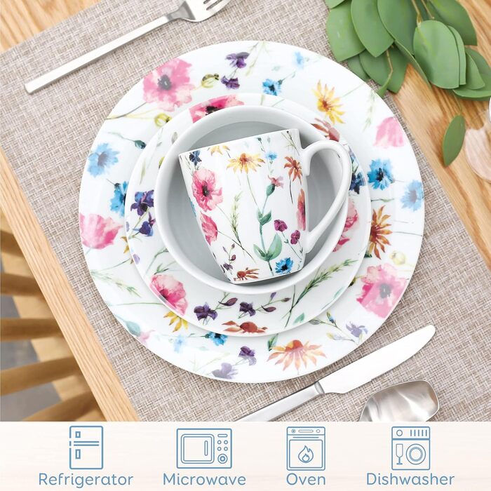 VEWEET Сервіз на 4 особи, 16 предметів, порцеляна. Сучасний сервіз з обідніми, десертними тарілками, мисками для каші та чашками. Можна мити в посудомийній машині та використовувати в мікрохвильовій печі. Серія Doris, 32 предмета