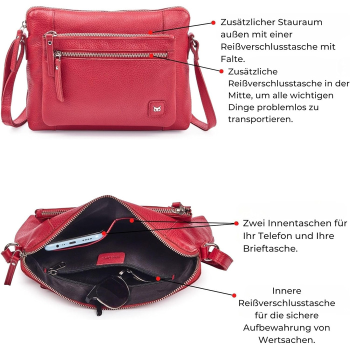 Сумка через плече Wise Owl з натуральної шкіри: жіноча та чоловіча, червона Nappa, 5 відділень на блискавці
