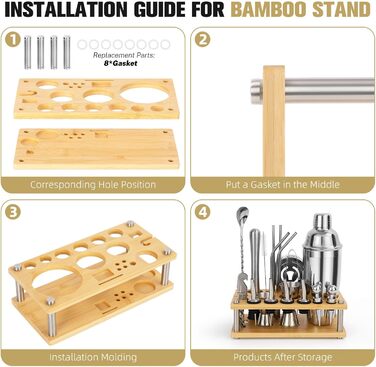 Набір шейкер для коктейлів зі стійкою, 750 мл, 20 предметів, нержавіюча сталь, професійний барменський набір, 4 силіконових підкладки, подарунок для чоловіків, жінок, друзів