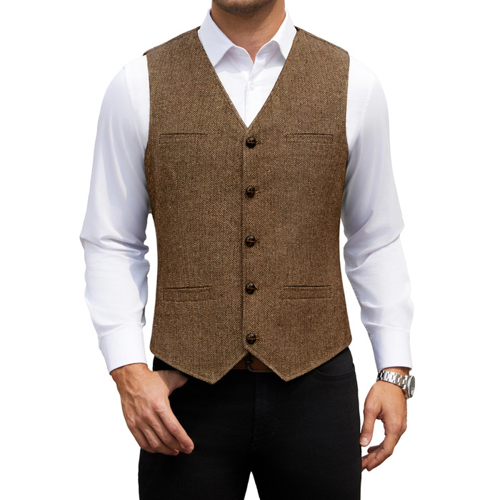 Жилет чоловічий HISDERN Vintage Tweed, скроєний для ділового стилю та вечірніх подій, з кишенями, темно-сірий (L, Коричневий-1)