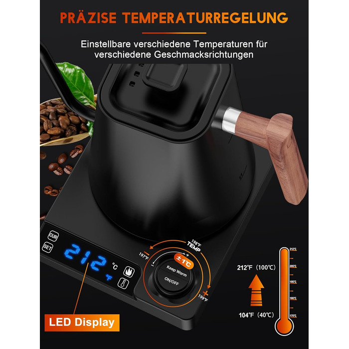 Vmotal Stainless Steel Kettle with Temperature Setting, Swan Neck Kettle, 24-Hour Keep Warm Function, 1200W Electric Kettle with Temperature Display, 1L Coffee Kettle