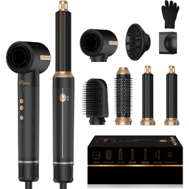 Atopskins 7-в-1 Airstyler: професійний набір для укладки волосся, 110000 об/хв, 1400 Вт. Фен-щітка, локон, випрямляч, іонізація. Для об'єму, сушіння та укладки. Чорний та золотий колір.