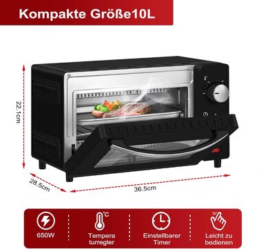 Міні-піч Wannyton 10L: піч для випічки, гриля, піци, хліба. Чорний колір, 650 Вт, 100-230°C, таймер 0-60 хв.