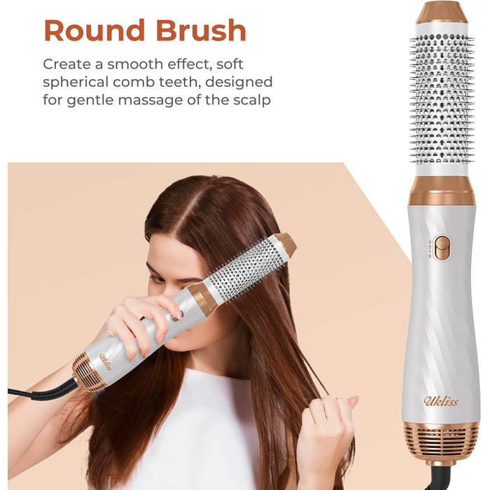 UKLISS 6-в-1 Стайлер для волосся з феном Pro, Набір для укладання волосся: плойка, випрямляч, фен, щітка для укладання, автоматична завивка, іонізація, Airbrush, подарунковий набір для жінок, блакитний (золотий)