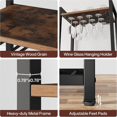 Tribesigns 20 Bottle Wine Baker's Rack, Freestanding Wine Rack, 9 Tiers, Industrial Freestanding Wine Rack Wine Bar with Glass Holder, Bottle Shelf for Bar, Kitchen, Dining Room, Rustic Brown