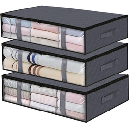 Коробки для зберігання під ліжком (3 шт.) з прозорим вікном та ручками - Складані контейнери для постільних речей, одягу, ковдр 60x45x15 см, темно-сірий