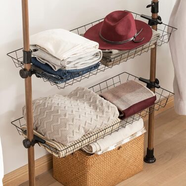 SoBuy KLS04-SCH Telescopic Clothing Rail with 5 Garment Rails and 2 Baskets Telescopic Wardrobe System Adjustable Shelf System B (209-311) x H (200-285) cm (Brown)