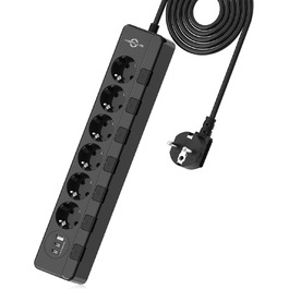 Мережевий фільтр KEPLUG з USB, 4000W, 16A, 6 розеток, 2м кабель, захист від перенапруги, дитячий захист, чорний