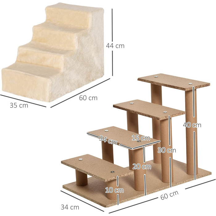 PawHut 4-Step Dog Stairs, 35 cm Cat Stairs for Bed and Sofa, Pet Stairs for Dogs and Cats up to 5 kg, Plush Appearance, Beige