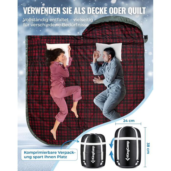 Сплячий мішок KingCamp XXL з бавовни фланель для дорослих, великий розмір, теплий, зимовий, для кемпінгу, подорожей та активностей на природі, 4-сезонний, 220x100 см, класичний оливковий колір