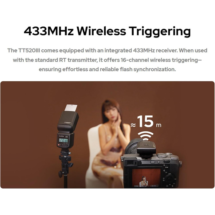 Спалах для камери Godox TT520III, швидка зарядка 1.8с, 400x потужність, сумісний з Canon, Nikon, Panasonic, Olympus, Pentax (без TTL)