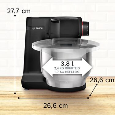 Bosch Kitchen Machine Series 2 MUMS2EB01, Stainless Steel Bowl 3.8 L, Planetary Mixer, Dough Hook, Beaters and Whisk (Stainless Steel), Food Processor Attachment, 3 Discs, 700 W, black