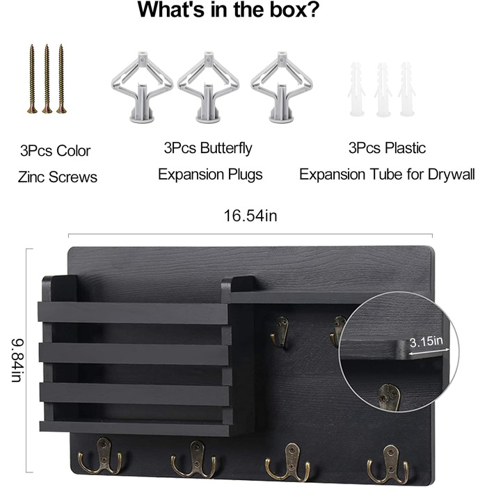 Настінна вішалка для ключів з дерев'яною поштою та полицею, ключниця на стіну, дерев'яне ключове тримач, 4 гачки, рустикальний декор для входу, передпокою, офісу, чорний