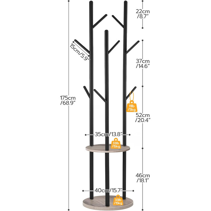 HOOBRO Coat Rack, Freestanding Clothes Rack, Tree-Shaped Wardrobe with 8 Hooks, 2 Round Shelves, for Clothes, Hat, Bag, Living Room, Bedroom, OfficeDark Brown-Black EBF33YM01G1 (Greige + Black)