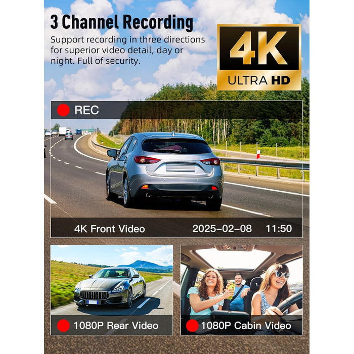 Автомобільний відеореєстратор 3-в-1 (передній, внутрішній та задній), 4K+1080P+1080P, 5GHz WiFi, IPS екран 3.16