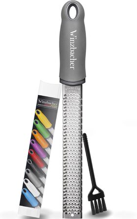 Преміум тертка для цитрусових та імбиру, терка для пармезану та мускатного горіха, нержавіюча сталь, миється в посудомийній машині, з захистом та щіткою (сірий колір)