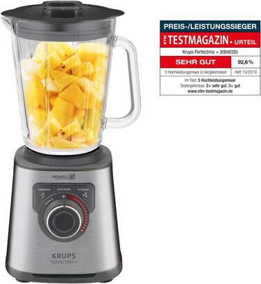 Krups KB403D Perfectmix + High-Performance Blender | 1.200W | 28,000 RPM | 2L Glass Container | 3 Pre-Set Programs | Powelix Technology | Stainless Steel/Dark Grey