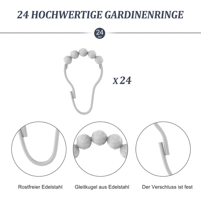 Штанга для душу U/L форми, 75x(150-190)x75 см - 2 в 1 (душова завіса, ванна, кут) - без кріплення до стелі, 24 кільця з нержавіючої сталі (біла)