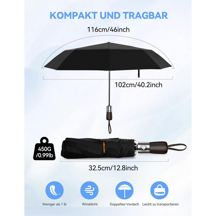 TECKNET Автоматичний парасолька-тростина, штормостійкий, легкий у відкриванні та закриванні, синій та білий