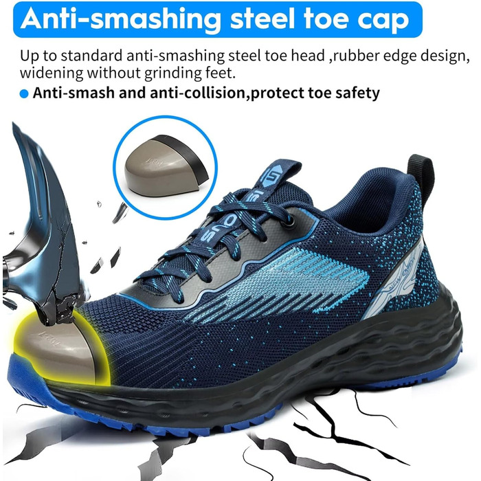 Черевики безпеки ISOOUS для чоловіків та жінок. Легкі, дихаючі, з металевим капаком, антиковзаючі, зручні. Розмір 43 EU, блакитні.