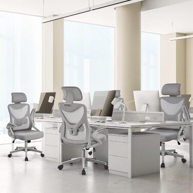 Офісний крісло Yaheetech ергономічне, з підйомними підлокітниками, поворотне з підголівником, для керівника, з функцією гойдання, до 136 кг, сірий