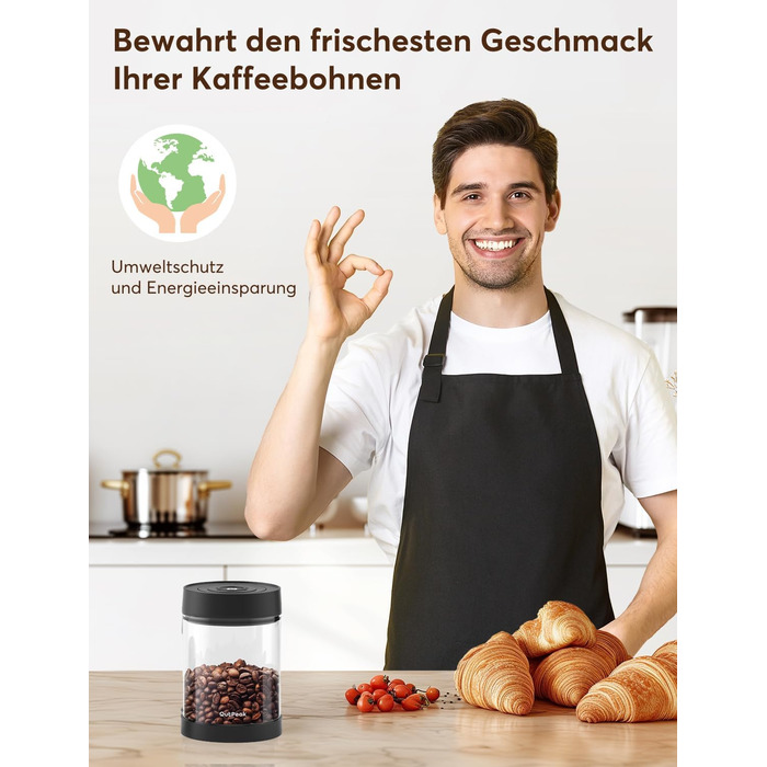 OUTPEAK 2025 Kilo Auto Вакуумна кавова банка 1,8L для 601.0 г кавових зерен, автоматичне управління, нержавіюча сталь, з ложкою, 6-місячний запас (Barista Champion's Choice) (G750)