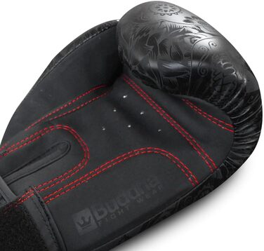 Buddha Fight Wear Luzbel Boxing Gloves - Muay Thai & Kickboxing - Premium PU Leather - Odor Resistant - Reinforced Stitching - 16oz - Black & Matte Black