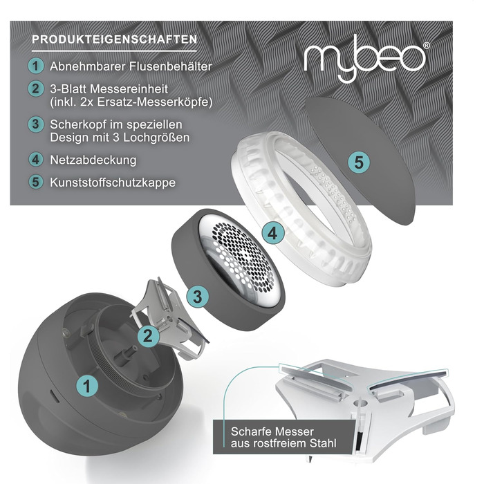 Електричний видалення ворсу MyBeo - бездротовий пристрій для видалення ворсу з одягу з USB-зарядкою, 2 змінні леза, колір Cool Grey