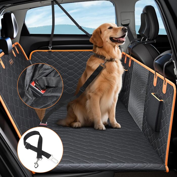 Joejoy Car Seat Cover for Dogs - Waterproof & Scratch-Resistant Back Seat Cover with Hard Bottom & Safety Belt - Black