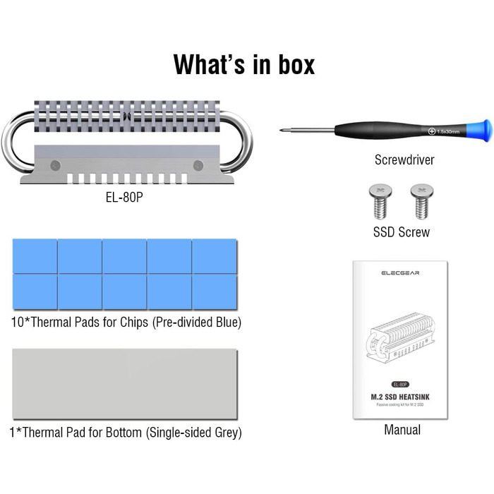 Радіатор охолодження SSD M.2 2280 ElecGear EL-80P з Heatpipe та двошаровим алюмінієвим радіатором для NVMe/SATA SSD