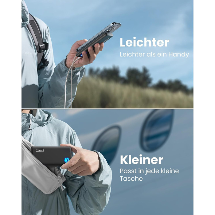 Power Bank INIU 10000mAh, ультратонкий, USB C, 3A, ліхтарик, сумісний з iPhone, Samsung, Huawei, чорний