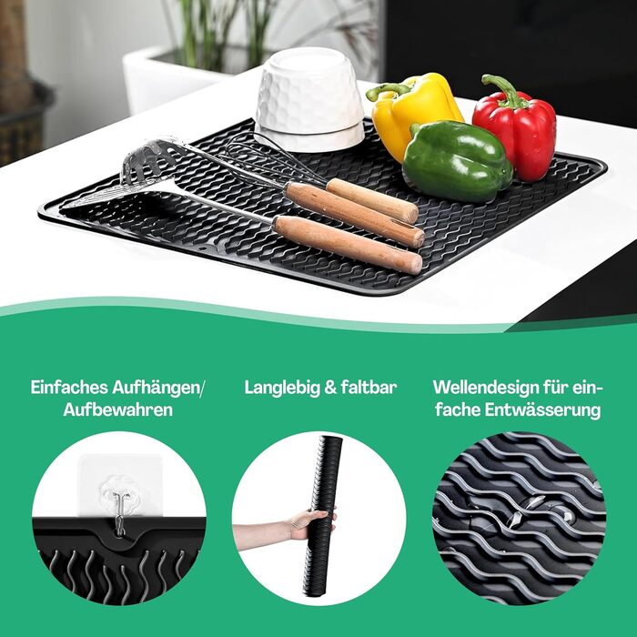 Килимок для посуду Netrox Silikon великий та малий - харчовий, легко миється, неслизький та термостійкий до 230°C - підставка для посуду, сушарка для посуду, килимок на кухонну мийку 40x30 см