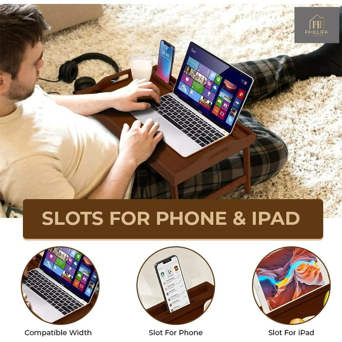 Бамбуковий піднос для сніданку Phillipa Home з 2 підставками - великий, для ноутбука 17,3 дюйма, їжі та напоїв