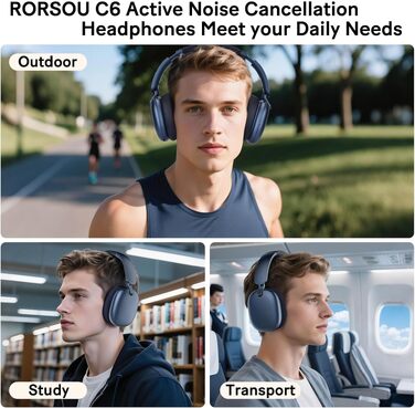 Бездротові накладні навушники C6 з активним шумозаглушенням (ANC), Bluetooth, 60 годин роботи, глибокий бас, з мікрофоном для ПК та iPad, сині
