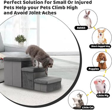 Сходинки для собак на 3 сходинки, 44 см, з місцем для зберігання. Підходить для маленьких собак та котів, зручні для літніх тварин (сірий)
