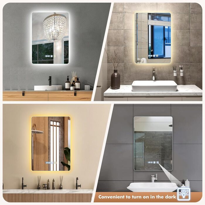 Дзеркало для ванної кімнати Viugreum з підсвічуванням 50x75 см, овальне LED дзеркало для ванної, диммування, 3 кольори світла, проти запотівання, годинник, сенсорна кнопка, дзеркало з LED підсвічуванням для ванної кімнати, вітальні (50x70 см)